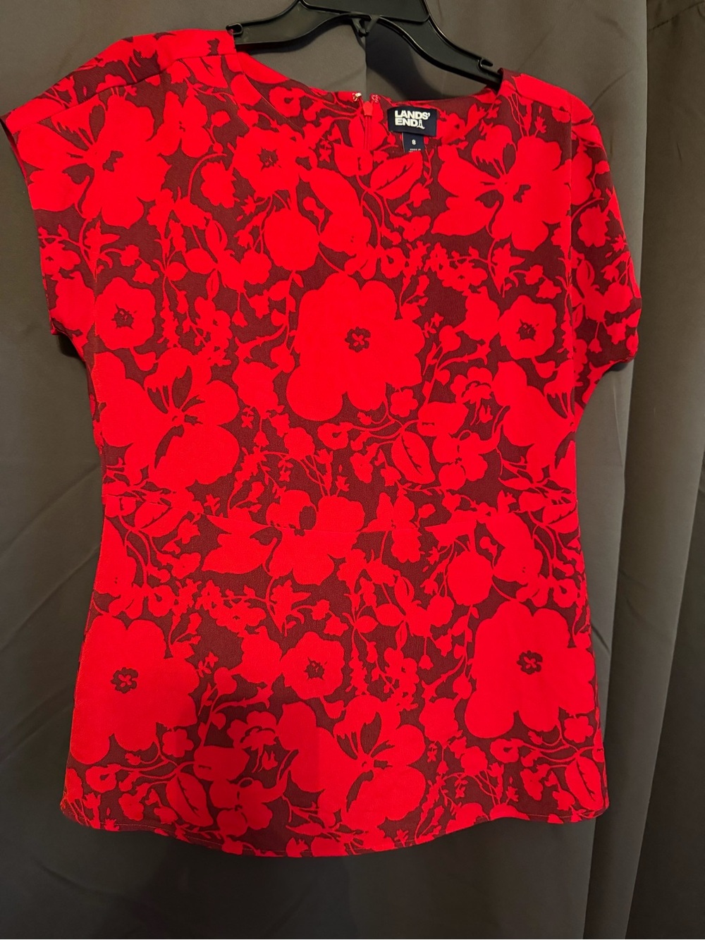 Lands' End Red and Black Floral Short-Sleeve Blouse